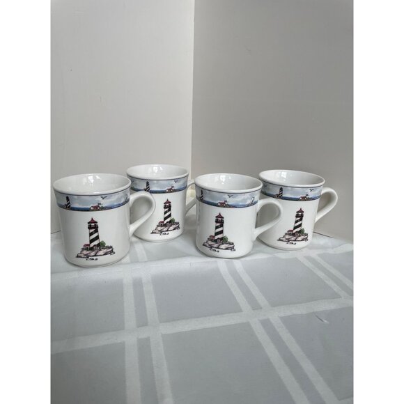 Vintage Totally Today 4/Set Ceramic Lighthouse Nautical Themed Coffee Mugs 8oz - Picture 1 of 4